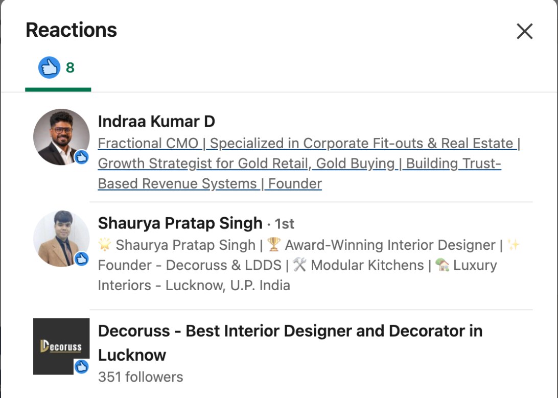 LinkedIn reactions on the Decoruss recovery post, showing Shaurya Pratap Singh, founder of Decoruss, and the Decoruss company page